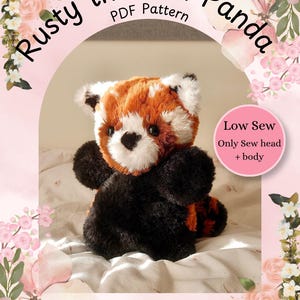 May include: A handmade red panda plush toy with a black body, orange and white head, and small black paws. The image includes text that reads "Rusty the Red Panda PDF Pattern" and "Low Sew Only Sew head + body". The Instagram handle "Megs_Crochet_Friends" is also visible.