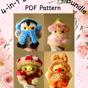 May include: A PDF pattern bundle featuring four different crochet bird designs. The image shows a penguin with blue earmuffs and scarf, a pink bird with a hat, a bird with a mushroom hat, and a bird in a bunny outfit. Text reads "4-in-1 Bird Friends Bundle PDF Pattern".