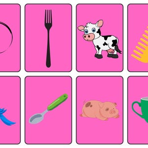 May include: Eight flashcards with illustrations on a pink background. The cards feature a black circle, a black fork, a cow, a yellow comb, a blue bird, a spoon, a pig, and a green mug.