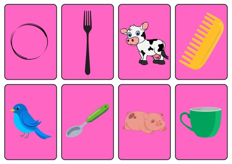 May include: Eight flashcards with illustrations on a pink background. The cards feature a black circle, a black fork, a cow, a yellow comb, a blue bird, a spoon, a pig, and a green mug.
