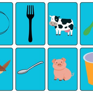 May include: Eight illustrated cards on a blue background. The cards feature a black fork, a cow with black spots, a green comb, a brown bird, a silver spoon, a pink pig, and an orange cup.