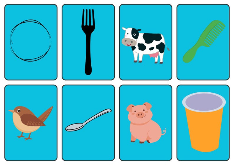 May include: Eight illustrated cards on a blue background. The cards feature a black fork, a cow with black spots, a green comb, a brown bird, a silver spoon, a pink pig, and an orange cup.