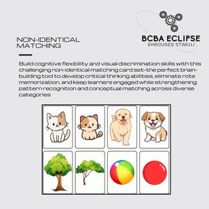 Może przedstawiać: Zestaw kart do dopasowywania z ilustracjami kotów, psów, drzew i piłek. Karty są oznaczone jako "NON-IDENTICAL MATCHING" i "BCBA ECLIPSE SHROUDED STIMULI". Zaprojektowany w celu rozwijania elastyczności poznawczej i dyskryminacji wzrokowej.