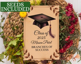 May include: A graduation announcement with a black mortarboard and tassel, the text "Class of 2025 Mason Patel Branches of Success" is displayed on a beige background. The words "Seeds Included" are in a green box. The announcement is surrounded by flowers and greenery.