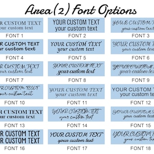 May include: A graphic showcasing 18 font options for custom text. Each font is displayed in a light blue rectangle with the words "YOUR CUSTOM TEXT" and "your custom text" in various styles. The title reads "Area (2) Font Options".