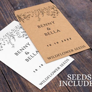 Könnte beinhalten: Zwei Saatguttüten, eine weiße und eine braune, mit floralen Illustrationen und den Namen "Benny & Bella" in Schwarz gedruckt. Das Datum "10.10.20XX" und die Worte "Wildflower Seeds" sind ebenfalls auf den Tüten aufgedruckt. Die Worte "Seeds Included" sind unten aufgedruckt.