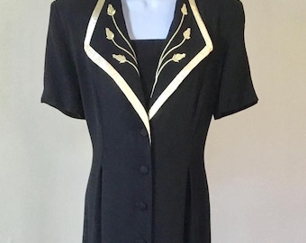 Abito midi nero e oro anni '80. S.L. Fashions, crepe e lame', maniche corte. Taglia vintage 14
