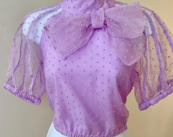 Y2K crop top met pofmouwen, strik uit het midden, medium