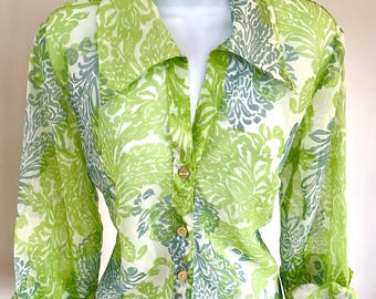 Blusa de cuello mao de los años 70/80, de voile, manga tres cuartos, talla M.