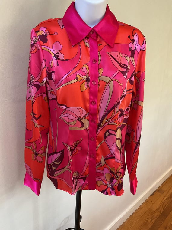Psychedelic print blouse, polyester/satin, Connie… - image 1