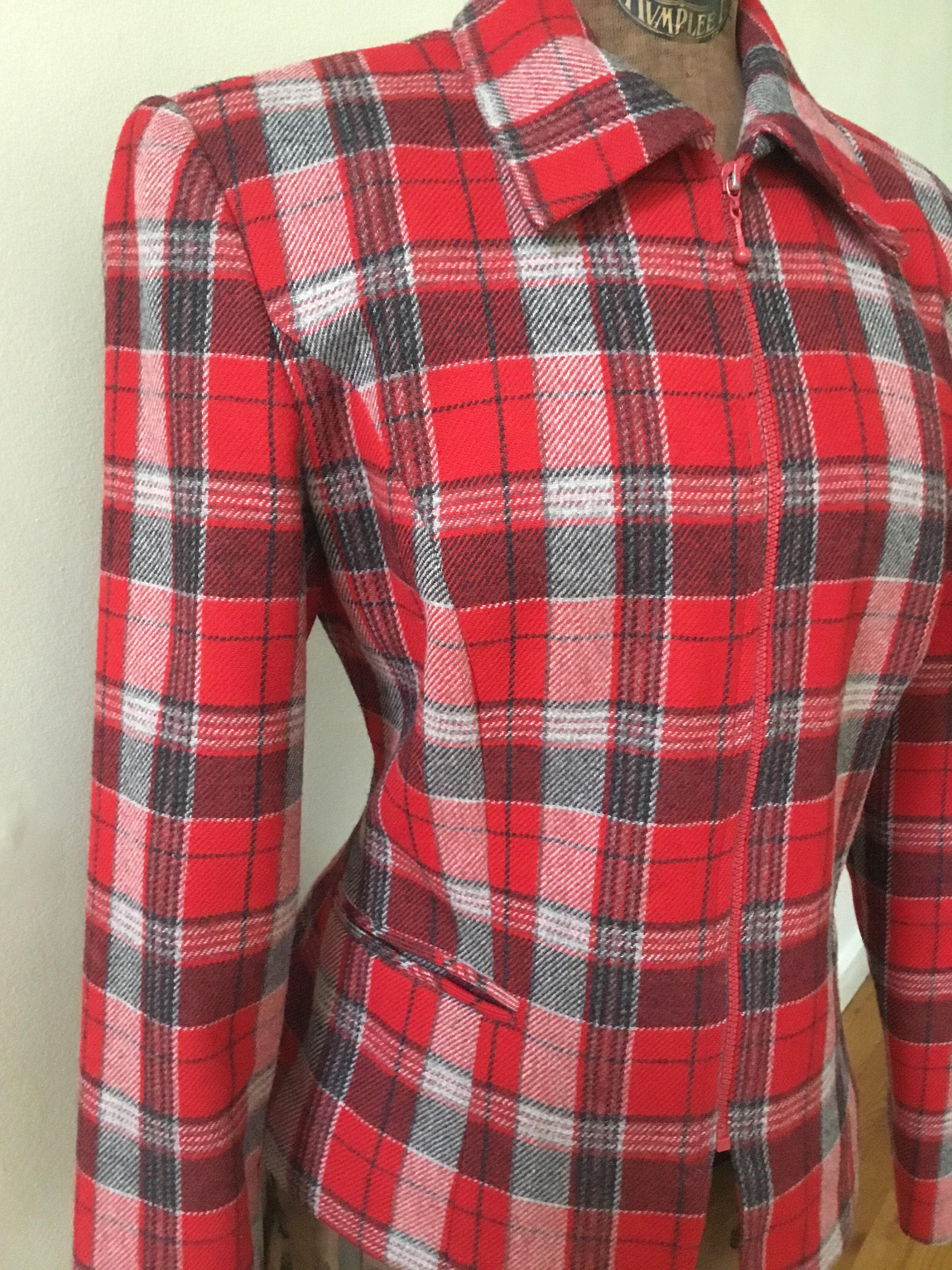 80's Plaid Front Zip Jacket, M. Wool Blend. Red, Black , Gray