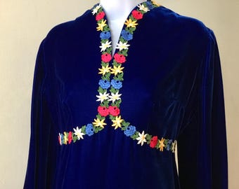 70s velvet prairie maxi dress. Royal blue, empire waist. S/M