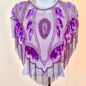 Beaded, fringed, shawl/capelet, sequins, Tan Chho. One size