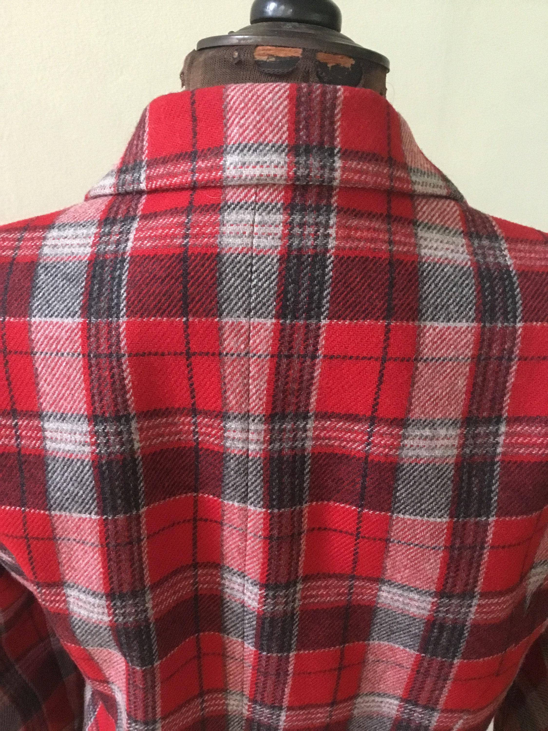 80's Plaid Front Zip Jacket, M. Wool Blend. Red, Black , Gray