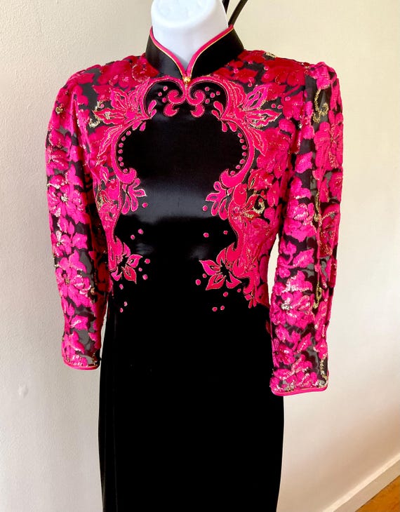 designer dress with zipper down the back 80s Asian Dress, Liquid Satin , Pink Embroidered, Slits, Back Zipper, S/M