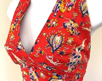 Vestido largo estilo halter de los años 70, estampado de pájaros y flores, espalda abierta, largo, años 60 y 70, talla pequeña/mediana.