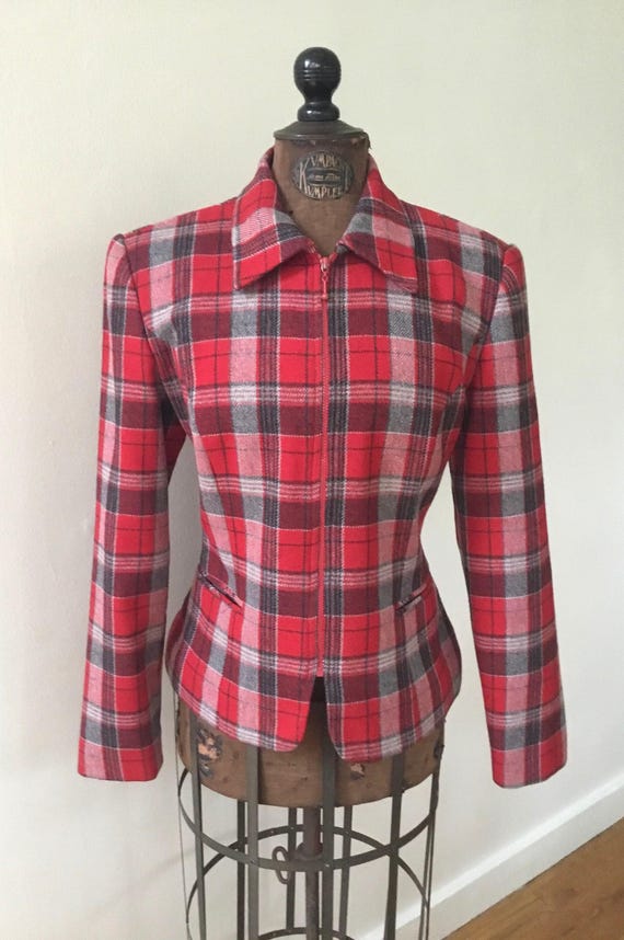 80's Plaid Front Zip Jacket, M. Wool Blend. Red, Black