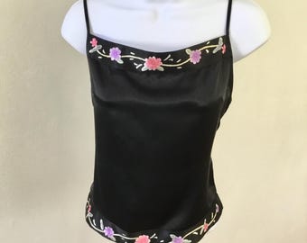 Asian embroidered silk top, spaghetti straps, Medium, ties in back