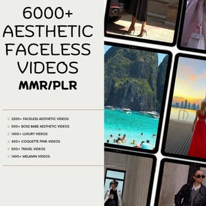 May include: A collage of images showcasing a variety of aesthetic faceless videos. The images include a woman in a red dress standing on a rooftop overlooking a city skyline, a woman in a black leather jacket walking down a street, and a woman in a white dress standing in front of a car. The text "6000+ AESTHETIC FACELESS VIDEOS MMR/PLR" is displayed at the top of the collage.