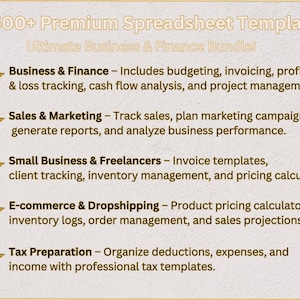 May include: A graphic with a gold star and text that reads "5,500+ Premium Spreadsheet Templates" and "Ultimate Business & Finance Bundle". The graphic lists five categories of spreadsheet templates: Business & Finance, Sales & Marketing, Small Business & Freelancers, E-commerce & Dropshipping, and Tax Preparation.