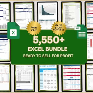 Puede incluir: Un collage de 10 hojas de cálculo de Excel diferentes, cada una con un título y un diseño diferentes. Las hojas de cálculo están todas en un marco verde y dorado. El texto "5,550+ EXCEL BUNDLE READY TO SELL FOR PROFIT" está en el centro de la imagen.