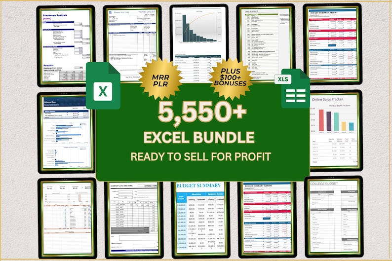 May include: A collage of 10 different Excel spreadsheets, each with a different title and layout. The spreadsheets are all in a green and gold frame. The text "5,550+ EXCEL BUNDLE READY TO SELL FOR PROFIT" is in the center of the image.
