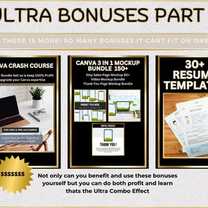 May include: Three digital product mockups with gold frames. The first mockup shows a laptop computer with the text "Canva Crash Course" and "PLR/MRR Bundle Sell as is keep 100% Profit or upgrade your Canva expertise". The second mockup shows a phone and laptop with the text "Canva 3 in 1 Mockup Bundle 150+" and "Etsy Sales Page Mockup 60+ Video Mockup Bundle Thank You Page Mockup Bundle". The third mockup shows a resume template with the text "30+ Resume Templates".