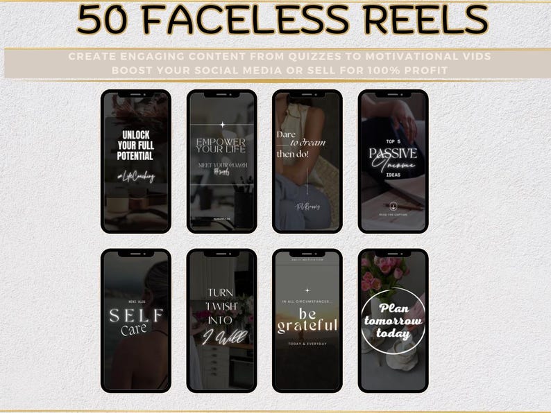 May include: A collage of eight phone screens with motivational quotes and phrases, such as "Unlock Your Full Potential", "Dare to Dream Then Do!" and "Be Grateful".