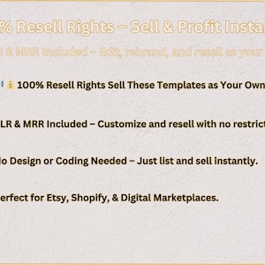 May include: A graphic with five gold stars and text that reads "100% Resell Rights - Sell & Profit Instantly!" and "PLR & MRR Included - Edit, rebrand, and resell as your own."