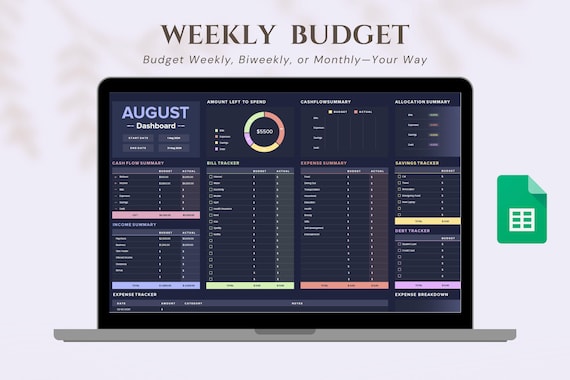 Google Sheets Budget  | Weekly Paycheck Planner & Expense Tracker Dark Mode