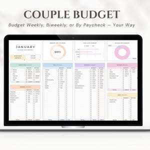 Puede incluir: Un ordenador portátil que muestra una plantilla de hoja de cálculo "COUPLE BUDGET". La pantalla muestra un panel de control de presupuesto con secciones para ingresos, gastos y ahorros. El texto "Budget Weekly, Biweekly, or By Paycheck - Your Way" es visible.