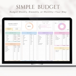Puede incluir: Una pantalla de computadora portátil que muestra una hoja de cálculo con una plantilla de presupuesto simple. La hoja de cálculo se titula "Panel de control del presupuesto de enero" e incluye secciones para ingresos, gastos y un gráfico circular. La hoja de cálculo está diseñada para ayudar a los usuarios a realizar un seguimiento de sus finanzas y crear un presupuesto.