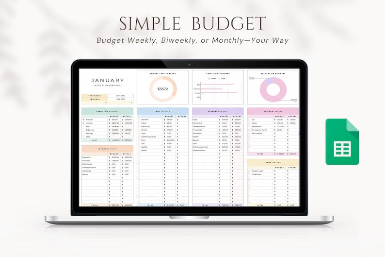 May include: A laptop screen displaying a spreadsheet with a simple budget template. The spreadsheet is titled "January Budget Dashboard" and includes sections for income, expenses, and a pie chart. The spreadsheet is designed to help users track their finances and create a budget.