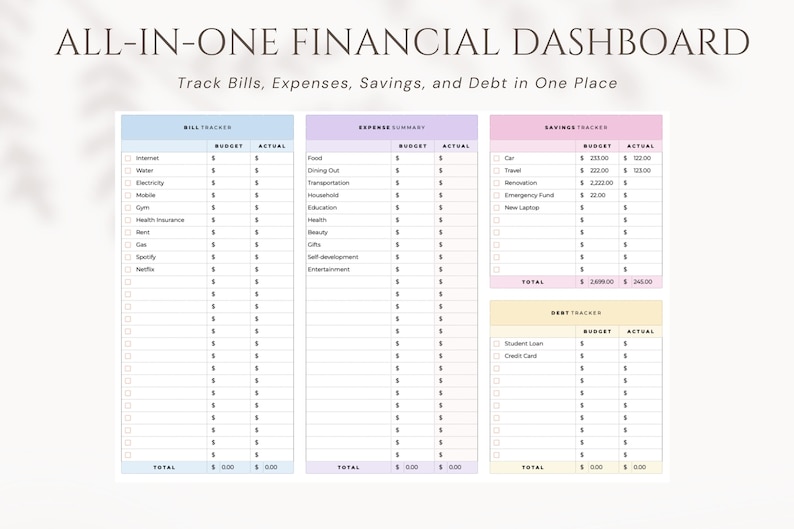 May include: A printable financial dashboard with sections for tracking bills, expenses, savings, and debt. Each section has columns for budget and actual amounts. The dashboard is designed to help people manage their finances.