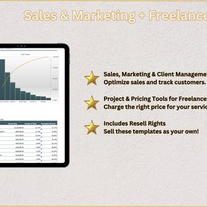 May include: A screenshot of a computer screen showing a spreadsheet with a bar graph and a table. The spreadsheet is titled "Sales & Marketing + Freelancers". The text on the screen says "Sales, Marketing & Client Management Optimize sales and track customers. Project & Pricing Tools for Freelancers Charge the right price for your services. Includes Resell Rights Sell these templates as your own!"