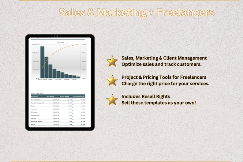 May include: A screenshot of a computer screen showing a spreadsheet with a bar graph and a table. The spreadsheet is titled "Sales & Marketing + Freelancers". The text on the screen says "Sales, Marketing & Client Management Optimize sales and track customers. Project & Pricing Tools for Freelancers Charge the right price for your services. Includes Resell Rights Sell these templates as your own!"