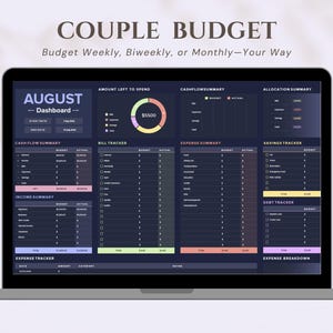 Op de afbeelding: Een laptopscherm toont een financieel dashboard met de tekst "COUPLE BUDGET". Het dashboard bevat secties voor cashflow, uitgaven en besparingen, met een kleurengecodeerd cirkeldiagram en de maand augustus. Een groen Google Sheets-pictogram staat rechts.