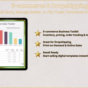 May include: A digital template for an online sales tracker, with a bar graph showing product profit per item. The template is designed for e-commerce businesses, dropshipping, print-on-demand, and online sales. It is also resell ready, allowing users to start selling digital templates instantly.