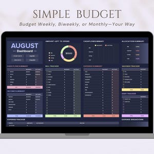Puede incluir: Una pantalla de computadora portátil que muestra una plantilla de hoja de cálculo de presupuesto para el mes de agosto. La hoja de cálculo incluye secciones para el resumen del flujo de caja, el seguimiento de facturas, el resumen de gastos, el seguimiento de ahorros, el seguimiento de deudas y el desglose de gastos. La hoja de cálculo está diseñada para ayudar a los usuarios a realizar un seguimiento de sus ingresos y gastos y administrar sus finanzas.