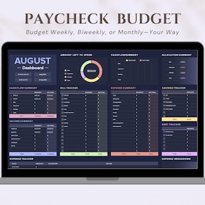 Peut inclure: Un écran d'ordinateur portable affiche un tableau de bord "PAYCHECK BUDGET" pour le mois d'août, avec des sections pour les flux de trésorerie, les dépenses et les économies. Le texte "Budget Weekly, Biweekly, or Monthly-Your Way" est au-dessus. Une icône verte Google Sheets est à droite.
