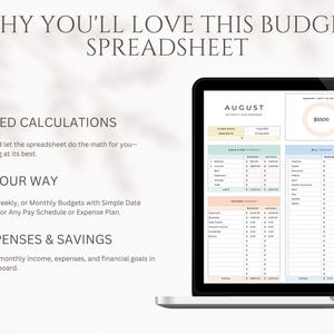 May include: A laptop computer displaying a budget spreadsheet with the month of August highlighted. The spreadsheet includes sections for income, expenses, and savings. The spreadsheet also includes a section for tracking spending goals. The spreadsheet has a light pink, blue, and green color scheme.