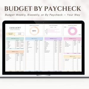 以下が含まれることがあります： 「BUDGET BY PAYCHECK」のテキストが表示された予算テンプレートが映し出されたノートパソコンの画面。テンプレートはグラフと表のあるセクションに分かれています。右側には緑色のGoogleスプレッドシートのアイコンが表示されています。