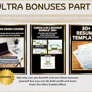 May include: A collage of three digital product mockups with gold frames. The first mockup is titled "Canva Crash Course" and features a laptop computer. The second mockup is titled "Canva 3 in 1 Mockup Bundle 150+" and features a phone and laptop computer. The third mockup is titled "30+ Resume Templates" and features a resume document.