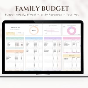 Puede incluir: Un ordenador portátil que muestra un panel de control de presupuesto familiar con el texto "FAMILY BUDGET" y "Budget Weekly, Biweekly, or By Paycheck - Your Way." La pantalla muestra un presupuesto de enero con gráficos y datos financieros. Un icono verde de Google Sheets está a la derecha.