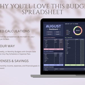 May include: A laptop screen displays a budget spreadsheet with the title "August Dashboard." The interface includes sections for cash flow, bill tracking, and expense summaries. Text highlights automated calculations, budgeting options, and expense tracking.