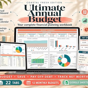 May include: A digital financial planning workbook titled Ultimate Annual Budget Coastal Fresh Edition displayed on a laptop screen and smaller tablets. The interface features charts, graphs, and tables for tracking income, expenses, savings, and debt.