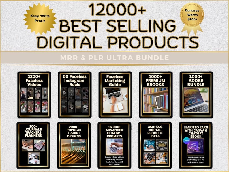May include: A collage of digital product bundles for sale, including 1200+ Faceless Videos, 50 Faceless Instagram Reels, Faceless Marketing Guide, 1000+ Premium Ebooks, 1000+ Adobe Bundle, 100+ Journals, Trackers, Planners, 2000+ Popular T-Shirt Designs, 16,000+ Advanced ChatGPT Prompts, 450+ Digital Product Ideas, and Learn to Earn with Canva & ChatGPT Ebook.