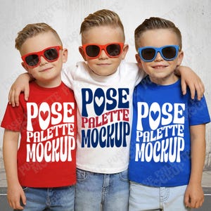 Bella Canvas 3001Y 赤、白、ロイヤルブルーのユースTシャツ モックアップ 3 キッズボーイズモデル 兄弟グループ モックアップ