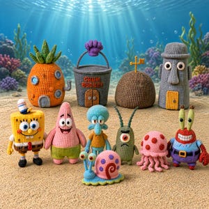 May include: A collection of crocheted figures and structures including a pineapple house, a gray Chum Bucket, a brown dome, a gray stone head, a yellow sponge, a pink starfish, a blue squid, a green cyclops, a pink jellyfish, a crab, and a snail.