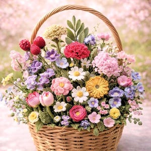 Puede incluir: Una cesta de mimbre rebosante de una colorida variedad de flores de ganchillo. El arreglo incluye flores rosas, rojas, amarillas, moradas y blancas, con hojas verdes. La cesta tiene un asa tejida y está sobre un fondo suave y borroso.